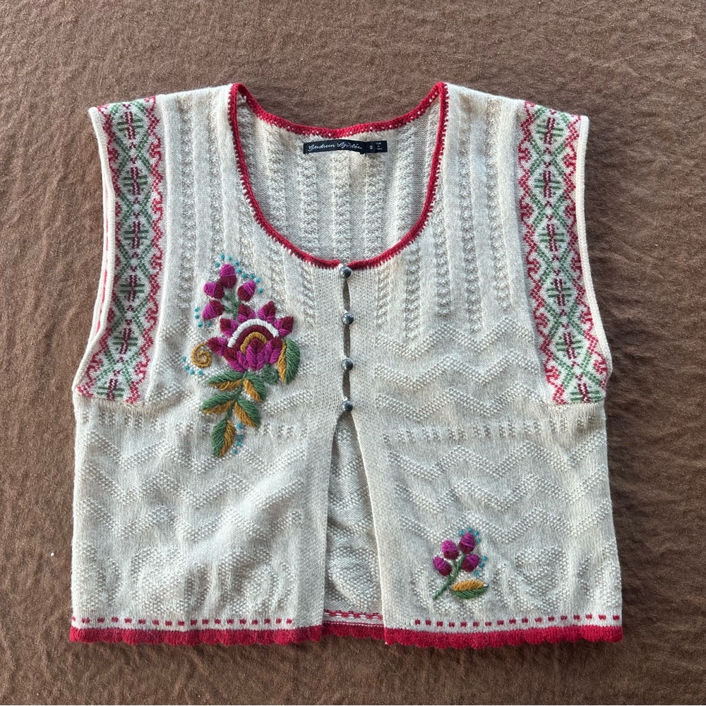 RARE Scandinavian cream and red embroidered vest